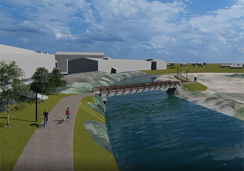 Gangveg og elvekryssing i industriområde